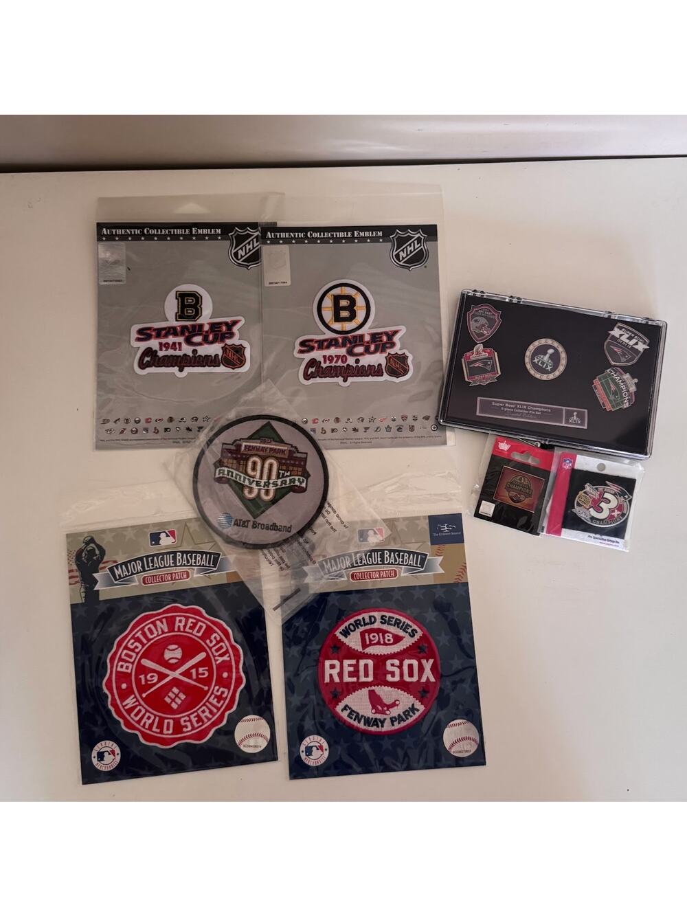 Boston Sports Collection of Pins and Patches - Patriots, Red Sox, Bruins NEW